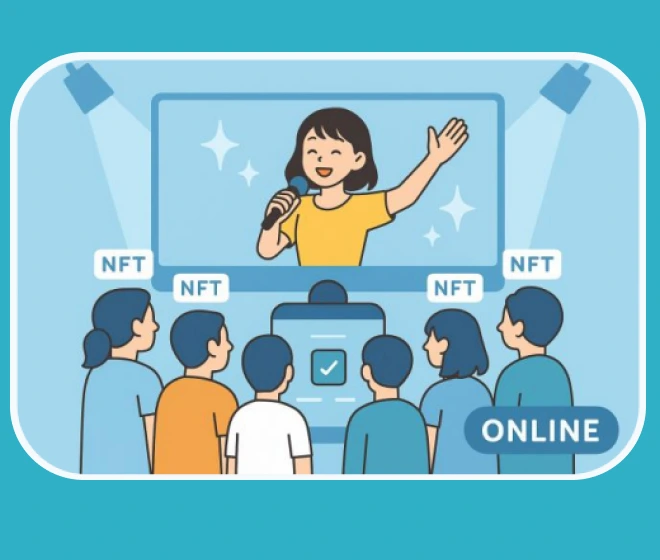 NFTイベントをオンラインで観覧する人々とスクリーン上の女性パフォーマーのイラスト