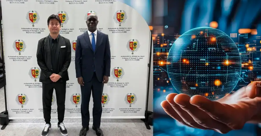 株式会社ペイクル代表の村上昌史氏とジャン・アントワーヌ・デュフ大使と記念撮影。右側にはデジタル地球儀とデータネットワークを象徴するグラフィックが描かれている。