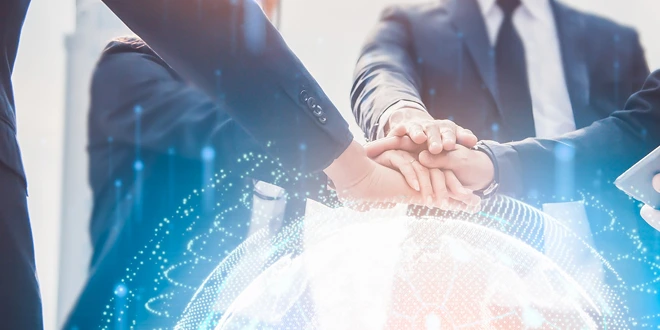 世界規模でのビジネス連携を表す抽象的なイメージ