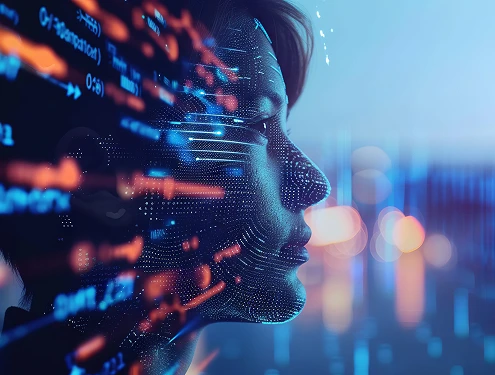 横顔の人物とその上に重ねられたプログラムコードが示す、AIとデジタルアイデンティティの融合イメージ