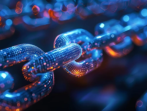 青とオレンジに光るデジタルチェーンが連なる、ブロックチェーン技術を象徴するイメージ