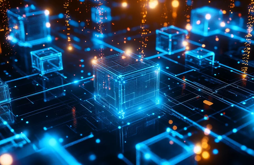青く発光する立方体が並ぶ、ブロックチェーン構造をイメージしたデジタル空間のビジュアル