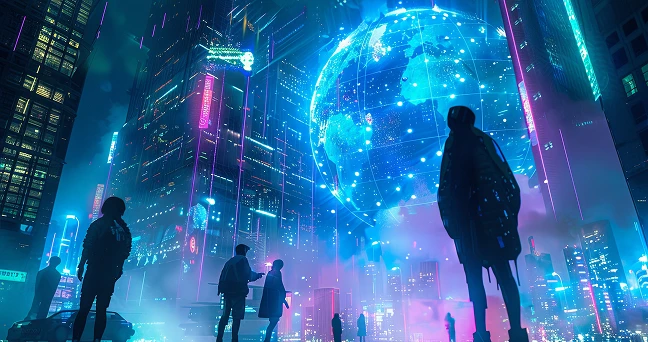 ネオンに彩られた近未来都市の中心に浮かぶデジタル地球儀と、街を歩く人々が描かれたサイバーパンク風のビジュアル