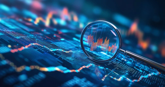 デジタルな株価チャートやグラフが表示された画面に、拡大鏡で特定のデータを分析している様子が描かれたイメージ