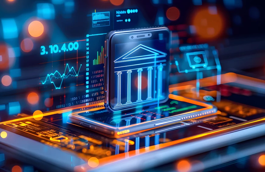 スマートフォンとタブレット上に表示される銀行のアイコンとグラフが示す、デジタルバンキングの未来的なインターフェース