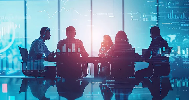 ビジネスパーソンたちが会議室で打ち合わせを行い、画面全体にデジタルなグラフやデータが重ねられた未来的なビジネスミーティングのイメージ