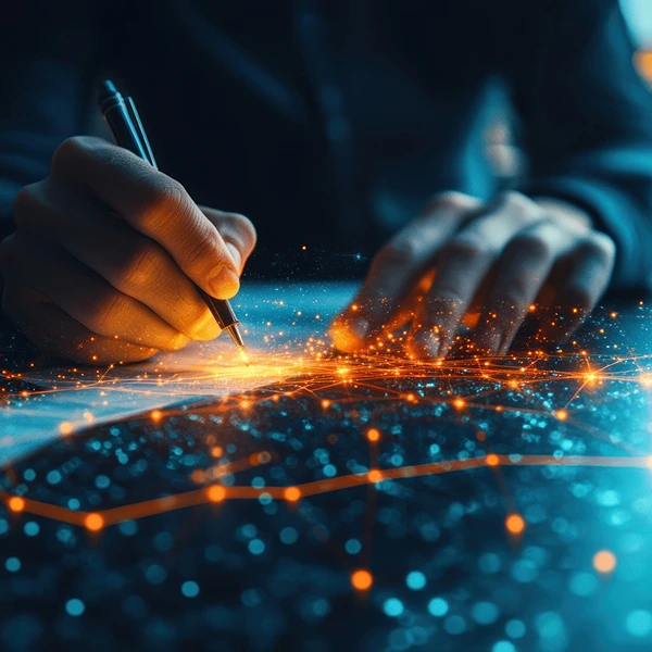 ペンを手にした人物が、光の粒子で構成されたデジタルなネットワーク上に描く創造的なシーン