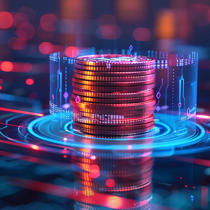 仮想通貨を象徴する光り輝くコインと、デジタルなグラフィックスで構成された未来的な金融のイメージ