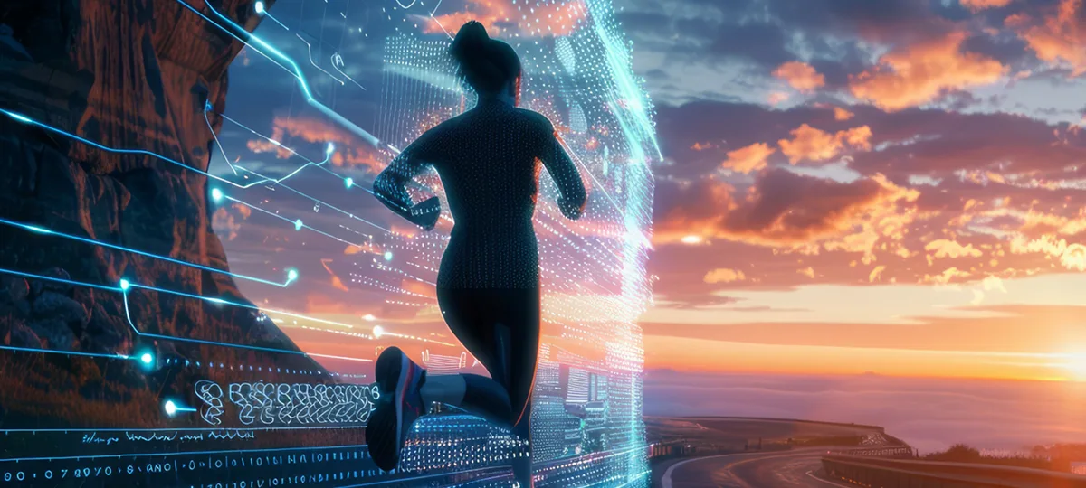 現実のランニング風景とデジタルデータ空間が交錯し、走る人物の動きが可視化されている未来的なフィットネスのビジュアル