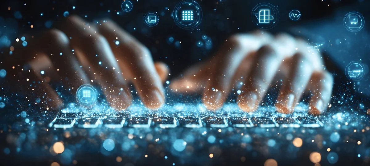 キーボードを叩く手と、周囲に浮かぶデジタルアイコンや光の粒子が象徴する情報処理とデータフローのイメージ