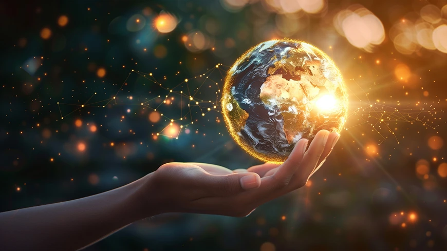手のひらに乗せられた光り輝く地球と、それを囲むように広がるデジタルなネットワークのイメージ