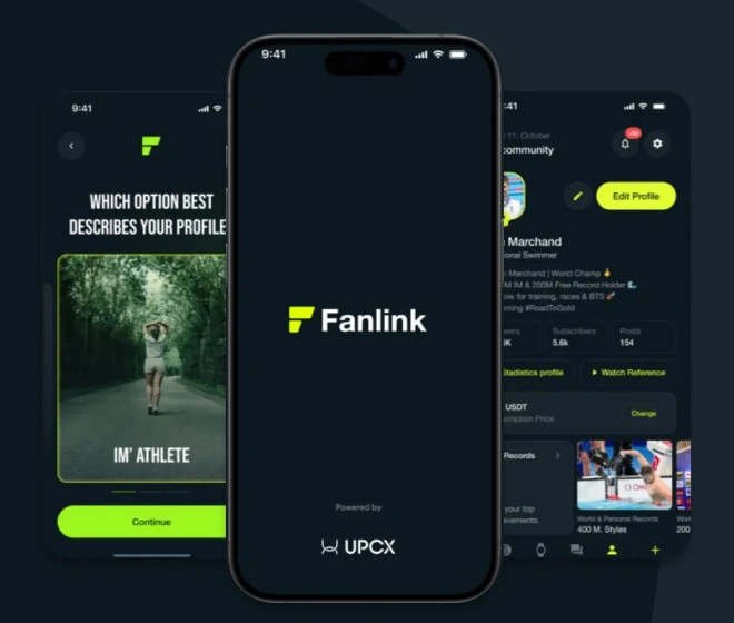 Fanlinkアプリの起動画面とプロフィール登録・コミュニティ画面を表示するスマートフォンのUIイメージ