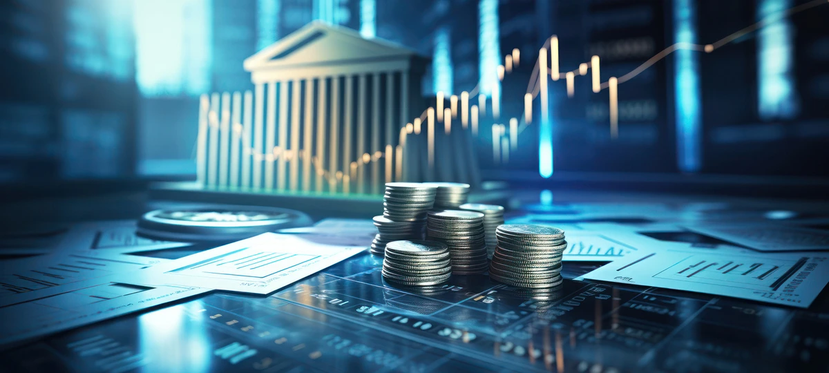 銀行の建物を背景に、積み上げられた硬貨と財務資料が示す経済成長と金融のイメージ
