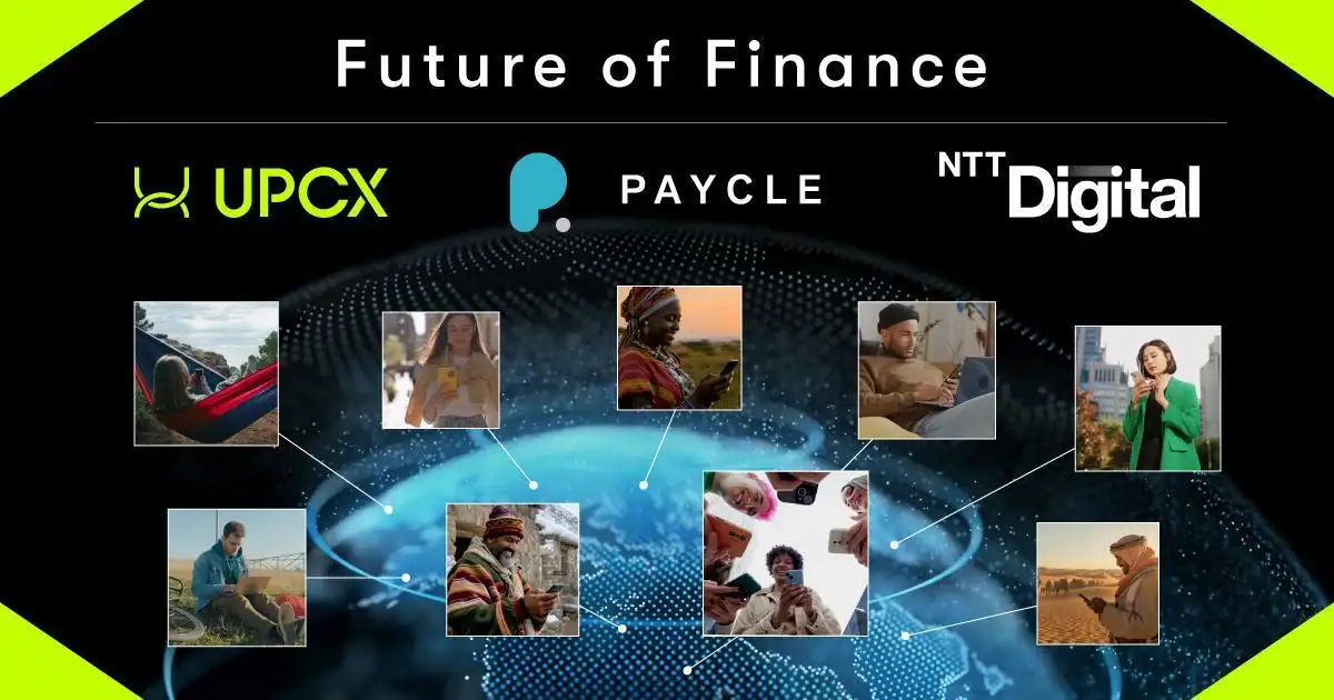 Future of Financeをテーマに、UPCX・PAYCLE・NTT Digitalのロゴと世界中の人々がスマートフォンでつながる様子を表現したビジュアル