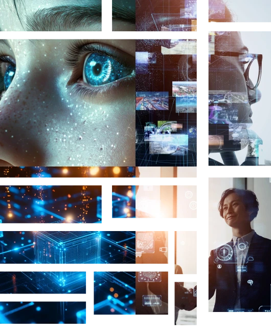 AI、未来のテクノロジー、デジタルネットワーク、そして人の視線や表情が組み合わされた未来志向のビジュアルコラージュ