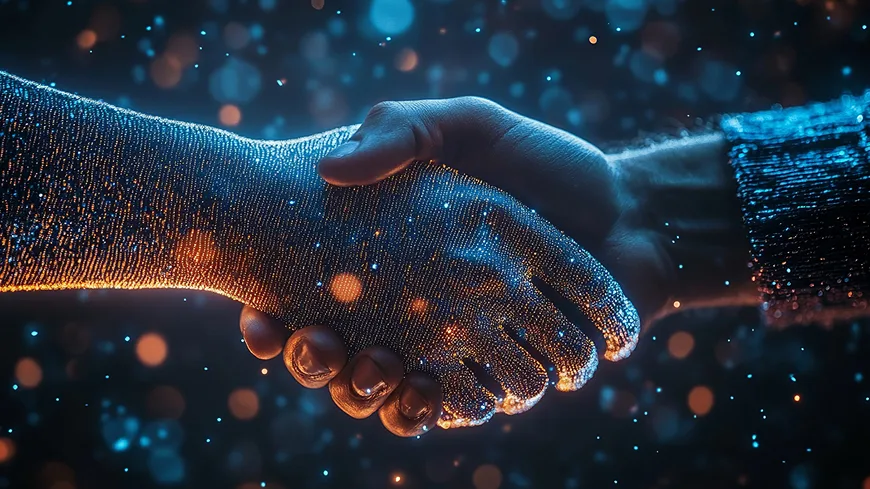 人間の手とデジタルな質感を持つ手が握手を交わす、AIと人間の協働を象徴するビジュアル