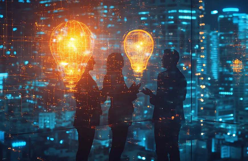 都市の夜景を背景に、アイデアを語り合うビジネスパーソンたちと浮かび上がる発光する電球のイメージ