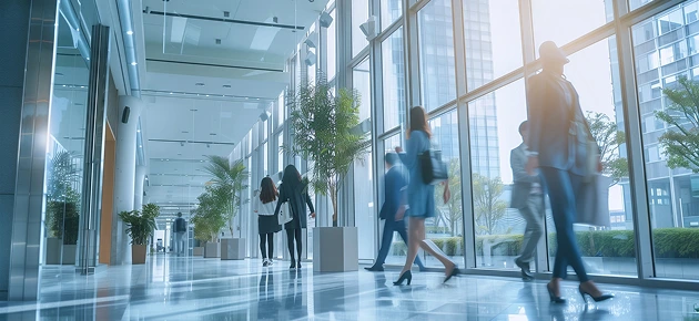 大きなガラス窓から光が差し込む近代的なオフィスビルのロビーを歩くビジネスパーソンたち