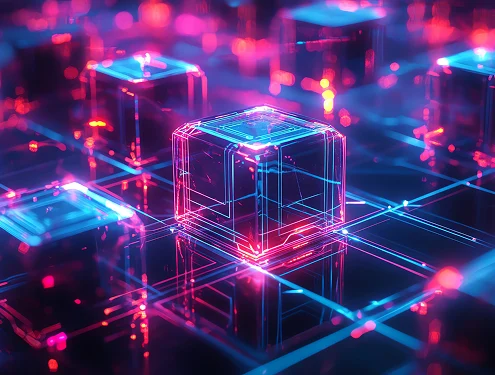ネオンカラーに輝く立方体が並ぶ、ブロックチェーン技術をイメージした近未来的なネットワーク構造