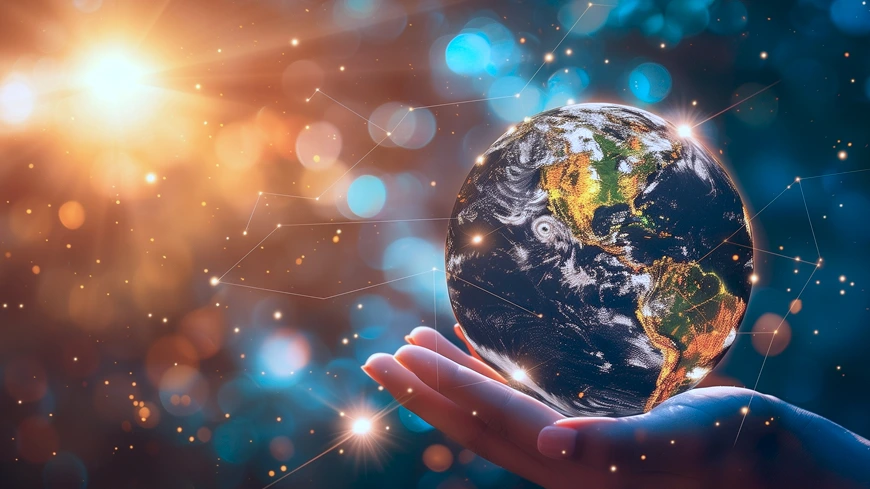 手のひらに地球を乗せ、光とネットワークが広がる幻想的なイメージ