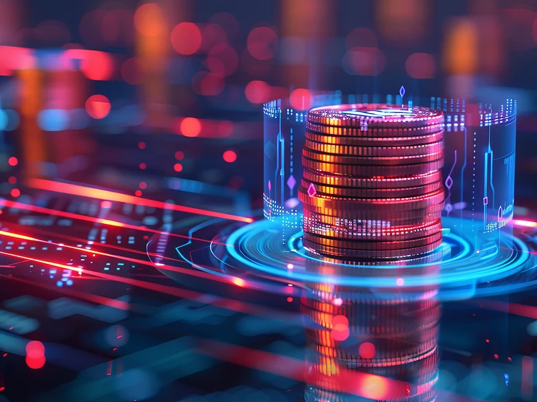仮想通貨を象徴する光り輝くコインと、デジタルなグラフィックスで構成された未来的な金融のイメージ