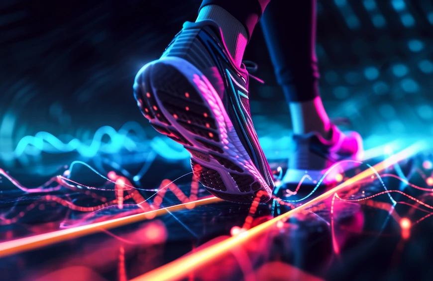 未来的な光のエフェクトとともに走るランナーの足元が映し出す、スマートフィットネスや運動データの可視化イメージ