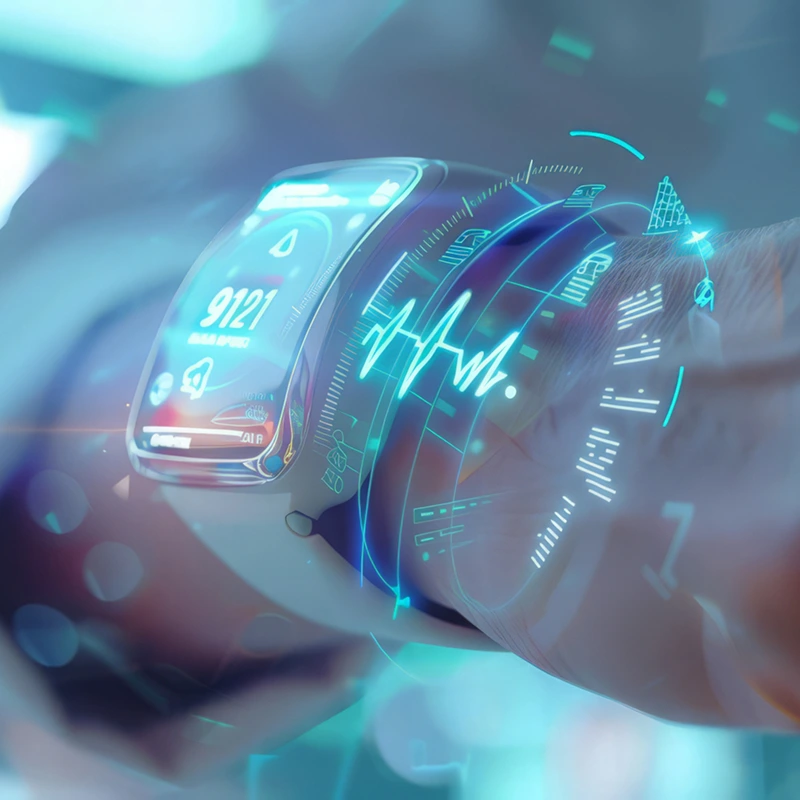 手首に装着されたスマートウォッチが心拍数や健康データを表示する、デジタルヘルスケアの未来的なイメージ