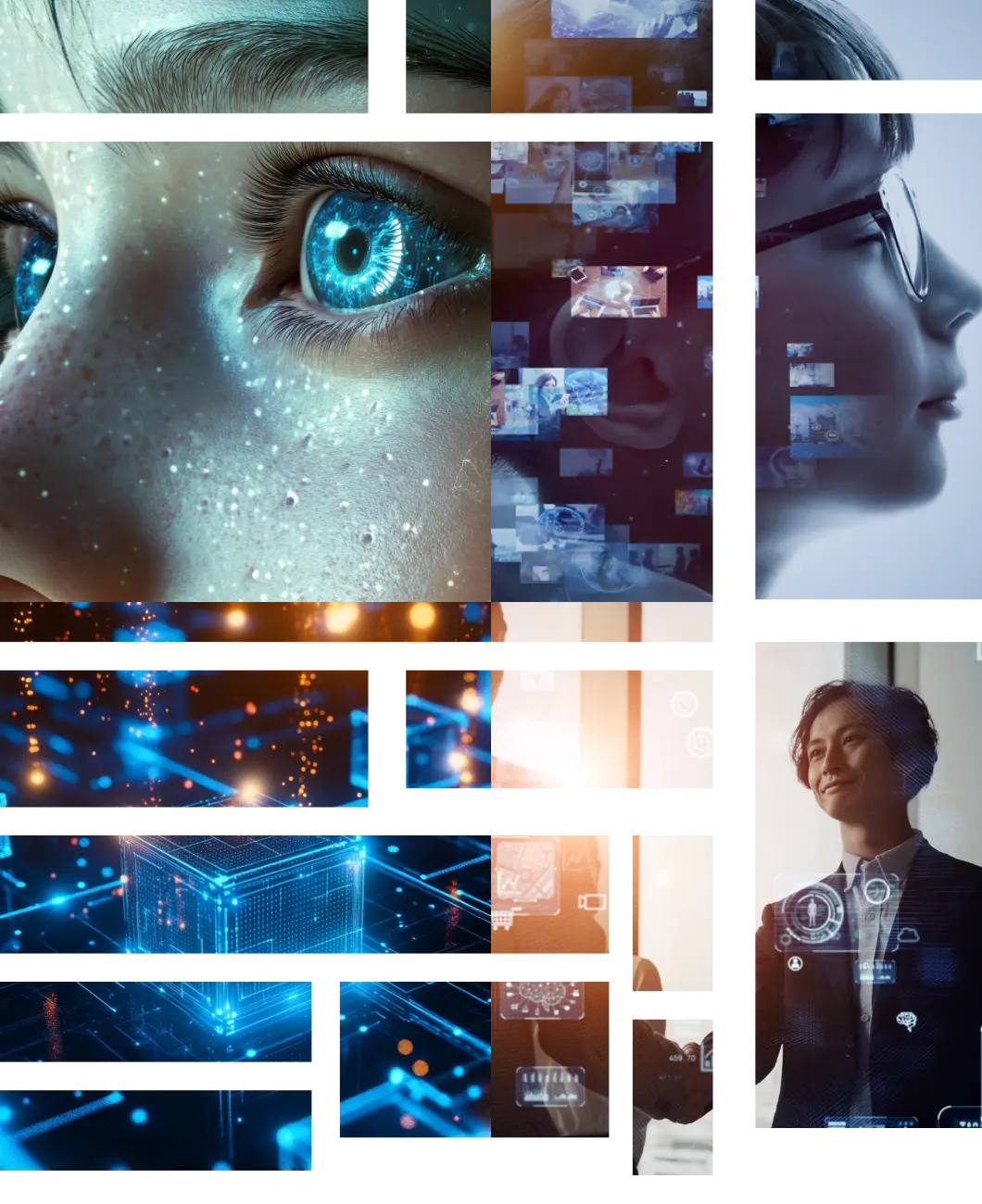AI、未来のテクノロジー、デジタルネットワーク、そして人の視線や表情が組み合わされた未来志向のビジュアルコラージュ